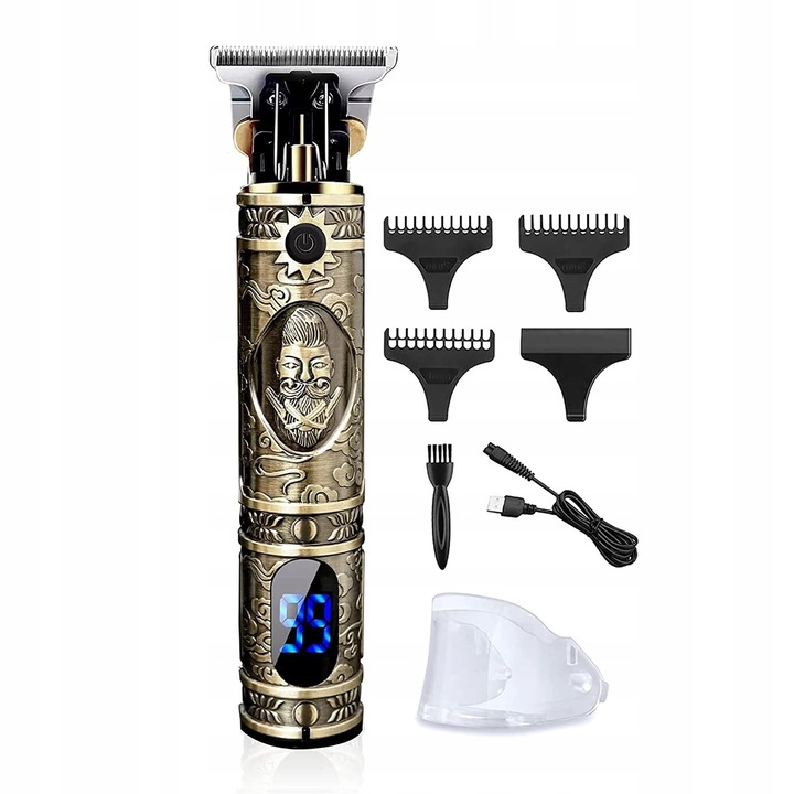 Aparat de tuns fara fir Barber Shop, culoare auriu, baterie reincarcabila, design profesional, set complet cu accesorii incluse, ideal pentru contur, tuns barba si par, utilizare casnica sau salon, motor puternic, precizie ridicata, stil modern
