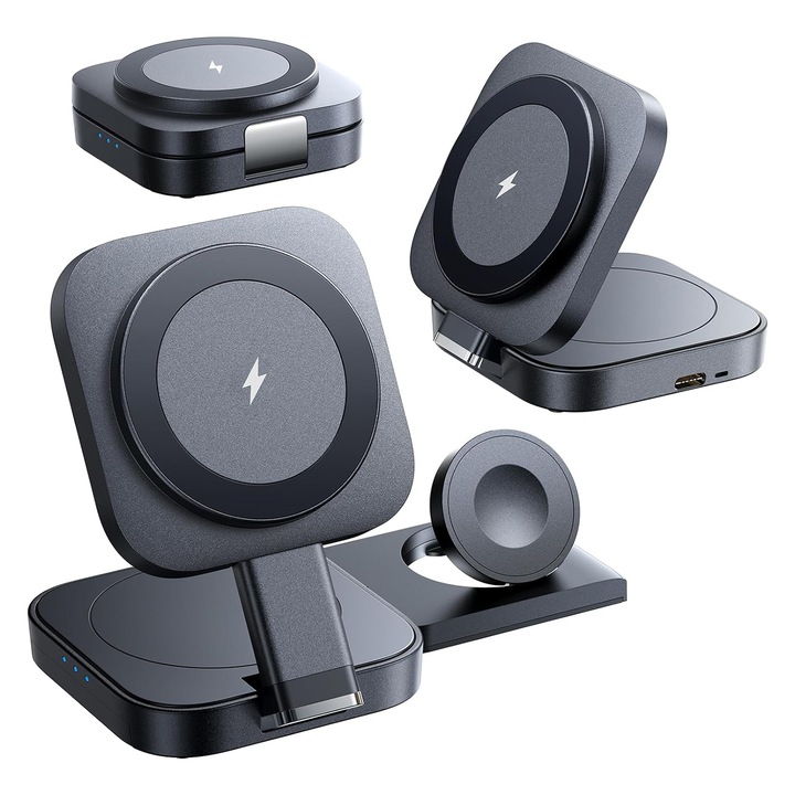 Incarcator Wireless 3 in 1 pliabil, pentru dispozitivele Apple, Magsafe, Statie de incarcare pentru Iphone, Ipad, AirPods, Negru