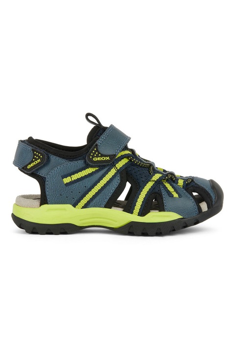 Geox, Спортни обувки от еко кожа и текстил с велкро, Прашно синьо/Лайм зелено