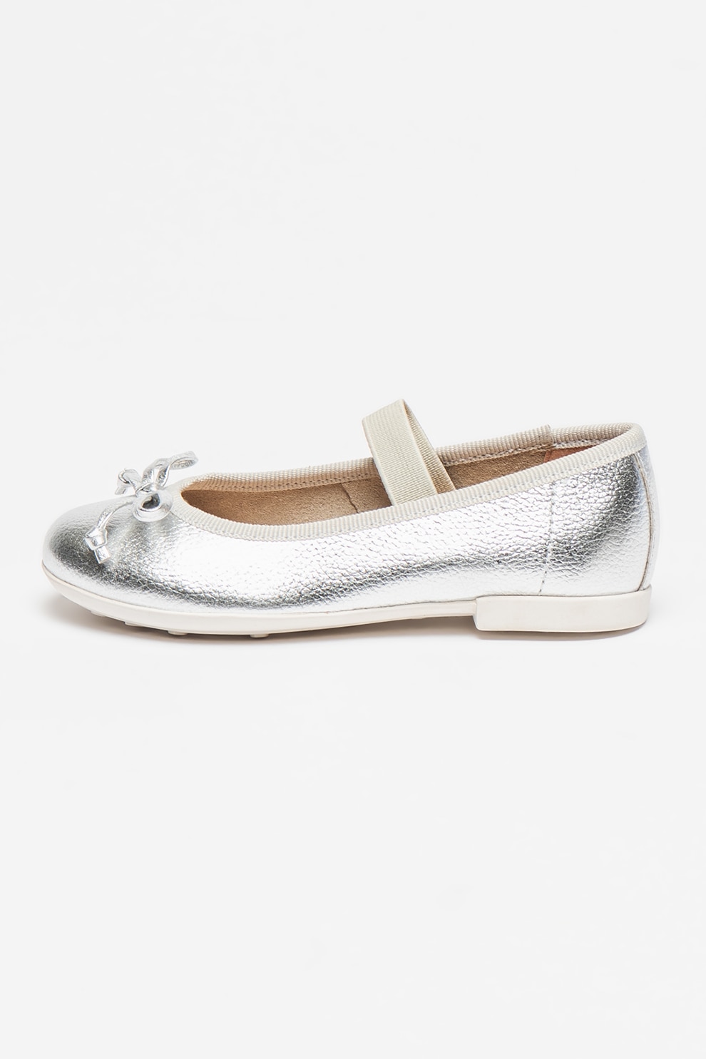 Geox, Balerini de piele cu bareta elastica Plie, Argintiu, 32 EU