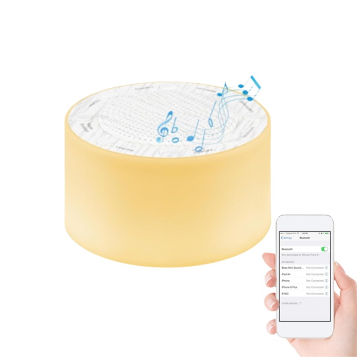 Fehérzaj-generátor éjszakai fény funkcióval, Bluetooth 5.0 kapcsolat, Alvásfigyelés, Időzítő, Újratölthető, Hordozható, Gyermekeknek és felnőtteknek, 2500 mAh akkumulátor, fehér fa