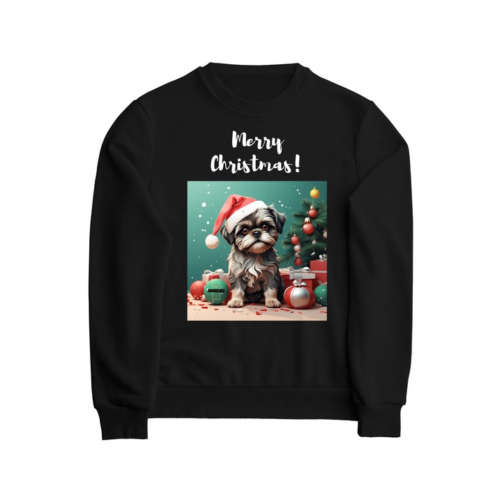 Bluza copii, Christmas Dog, bumbac, print digital, 9-10 ani, negru