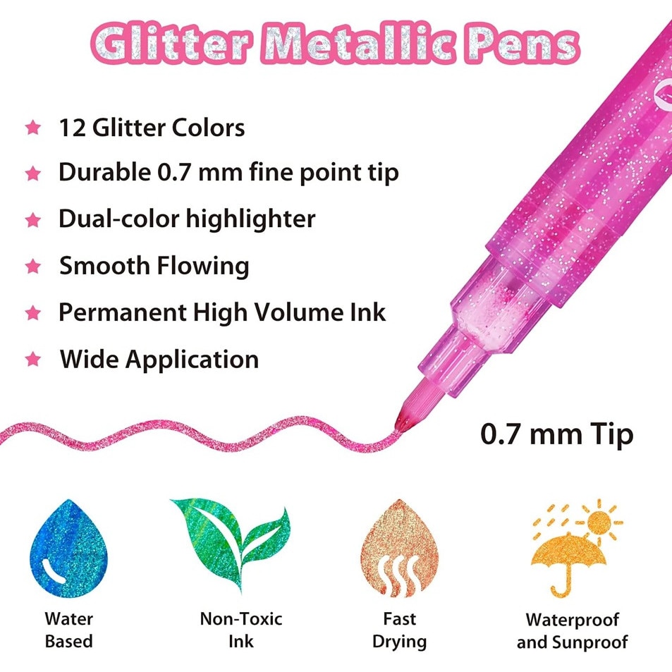 12 db Ohuhu Glitter metál marker készlet, víz alapú, nem mérgező, többszínű  