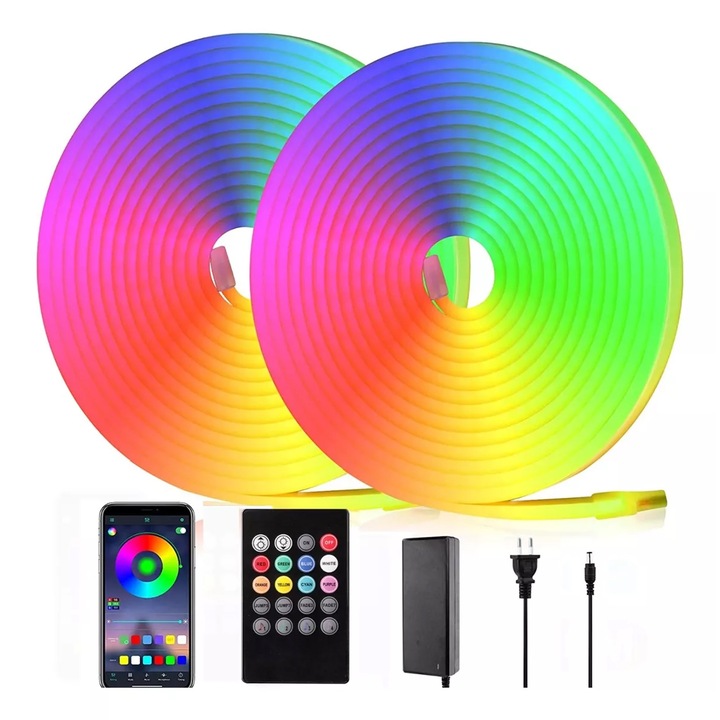 Banda LED Neon RGB 10m(2 x 5m), Bylifity, G5429-10, Bluetooth, Sincronizare Muzica, Aplicatie Telefon, Telecomanda, Timer, IP65