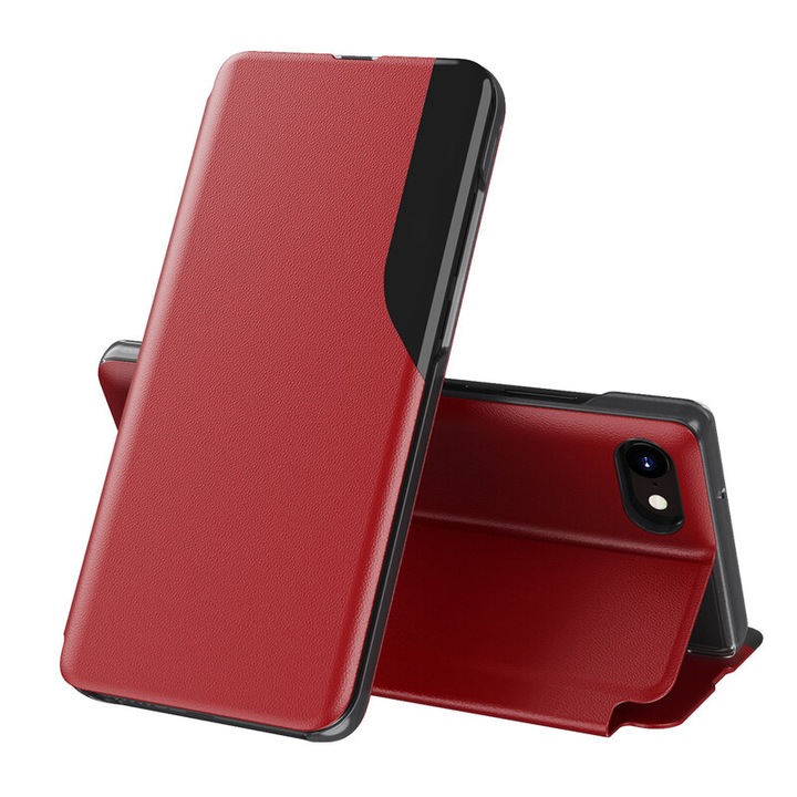 Apple iPhone 6 / 6s / 7 / 8 / SE 2, SE 2020 / SE 3, SE 2022, eFold, ökológiai bőr, piros készülékekkel kompatibilis védőflip borítás