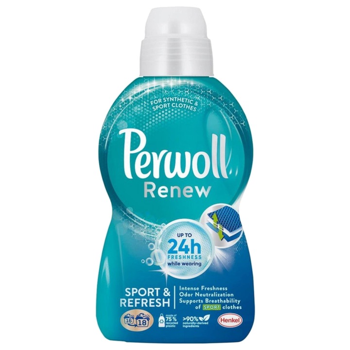 Perwoll Renew Sport & Refresh folyékony mosószer, 18 mosás, 990 ml, sport ruhákhoz, szagsemlegesítő