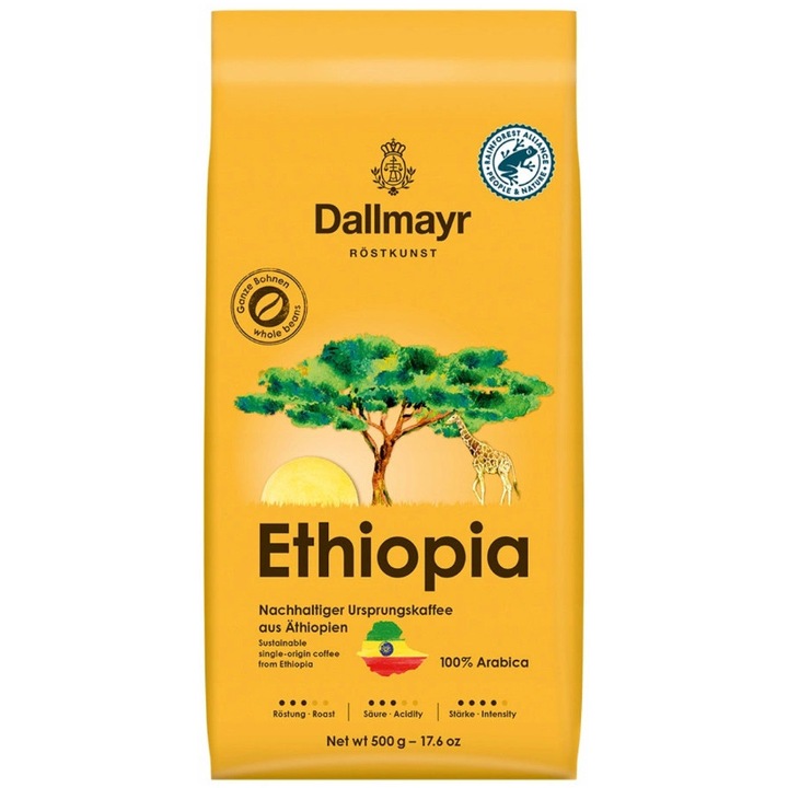 Cafea boabe, Dallmayr Ethiopia, 100% Arabica, origine unica, Etiopia, prajire medie, aroma picanta, note de ierburi salbatice, lemongrass si ciocolata neagra, 500 g
