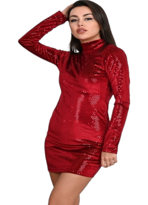 Rochie catifea cu sclipici, StarFashion, usor elastica, pe gat, cu maneca lunga si spatele gol, Rosu