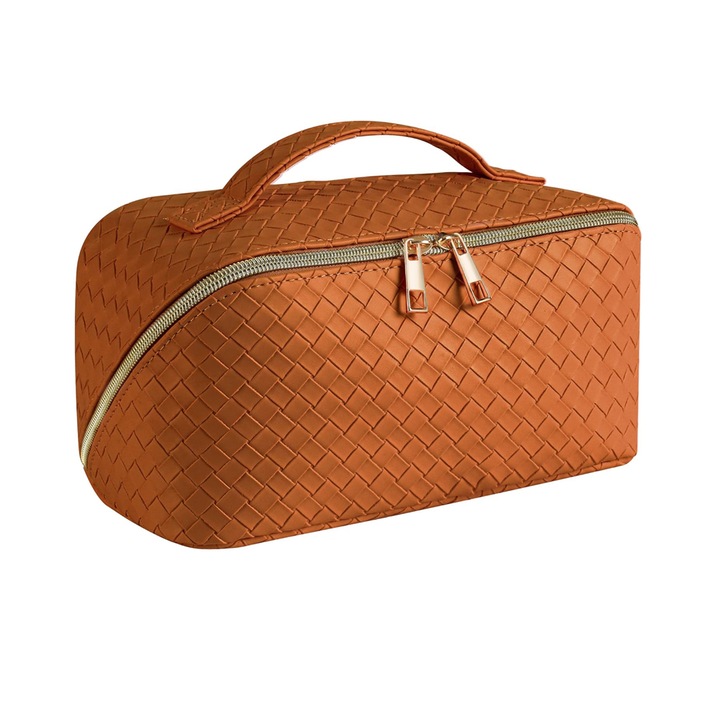Козметична чанта, Екологична кожа, Голям капацитет, Водоустойчива, С дръжка, 24 x 11 x 11 см, Кафява