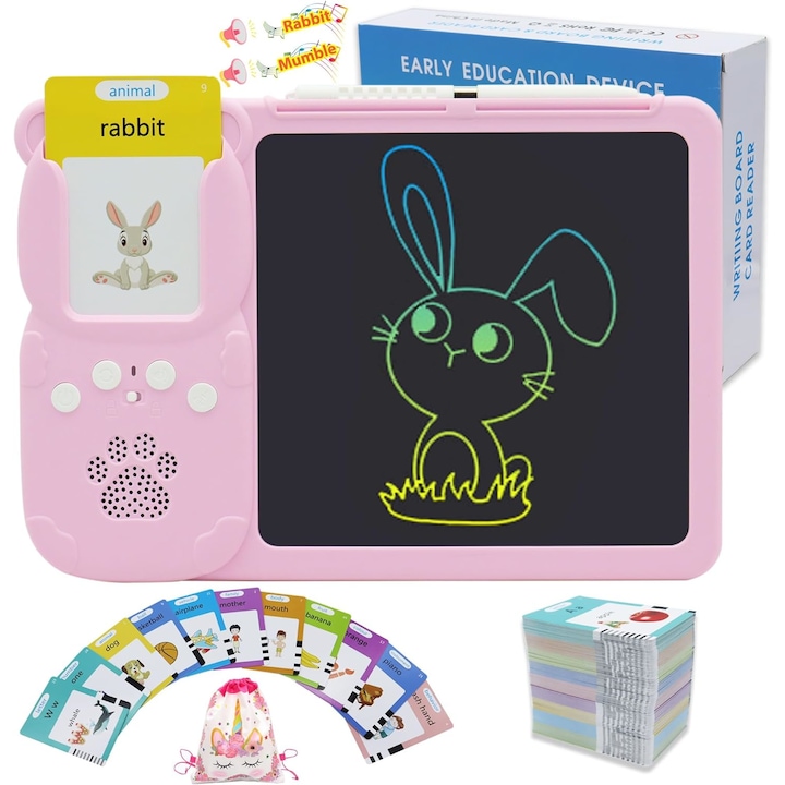 Tableta LCD 2 in 1 pentru copii, MOSMAOO®, Fluffy, interactiva si educationala, scris si desenat, 225 carduri cu 510 cuvinte in limba engleza si redare lor cu sunet, jucarie pentru invatare limba engleza, stilou pentru scris si desenat, roz