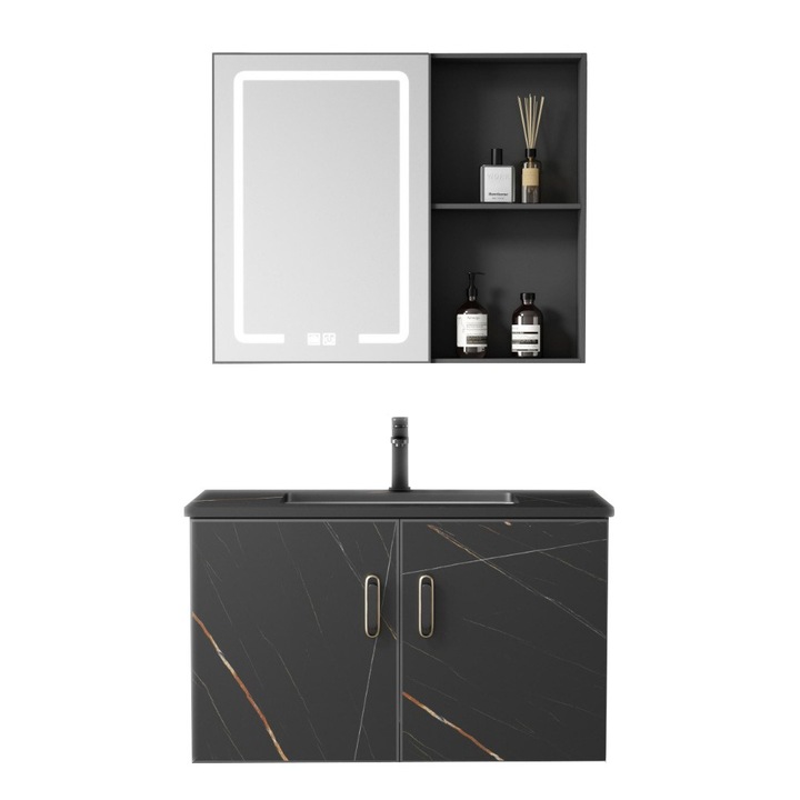Set mobilier de baie Radinavico, dulap din aluminiu 60x48x45cm, lavoar ceramica negru, oglinda 55x60x11cm, negru