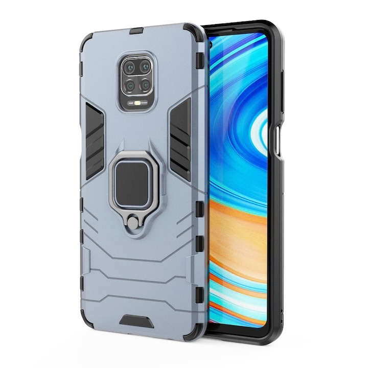 Xiaomi Redmi Note 9s / 9 Pro / 9 Pro Max készülékekkel kompatibilis G-Ring Defender tok, Antishock Armor, 360 fokban forgó gyűrű, beépített autós támasztó mágnes, TPU és PC, kék