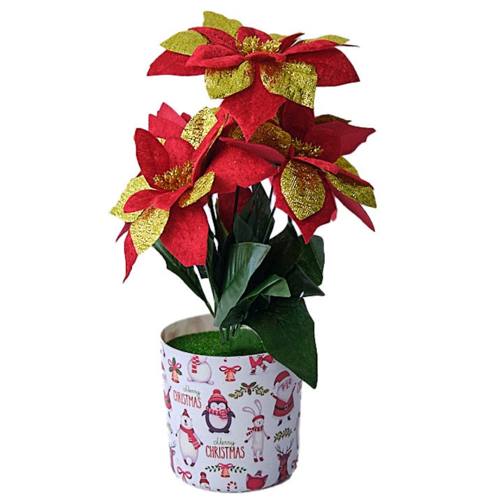 Aranjament floral cu Craciunita Artizanala in ghiveci cu pinguini, Auriu/Rosu, 30cm, Velve