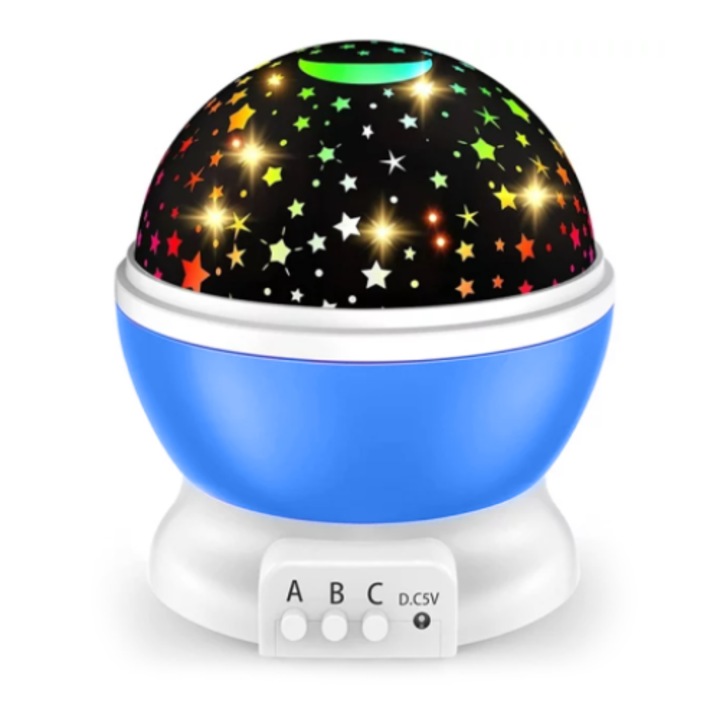 Lampa de veghe pentru copii, proiector stele, albastru, lumina ambientala relaxanta, design jucaus, ideala pentru somnul celor mici, alimentare USB sau baterii, efect cer instelat, rotativa, cadou perfect pentru bebelusi si copii, atmosfera linistitoare