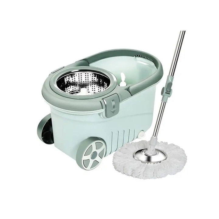 Galeata cu Stoarcere Rotativa si Spin Mop din Microfibra, Dozator pentru Detergent, Maner Lateral pentru Transport, Roti, Bigshot Magic, Verde