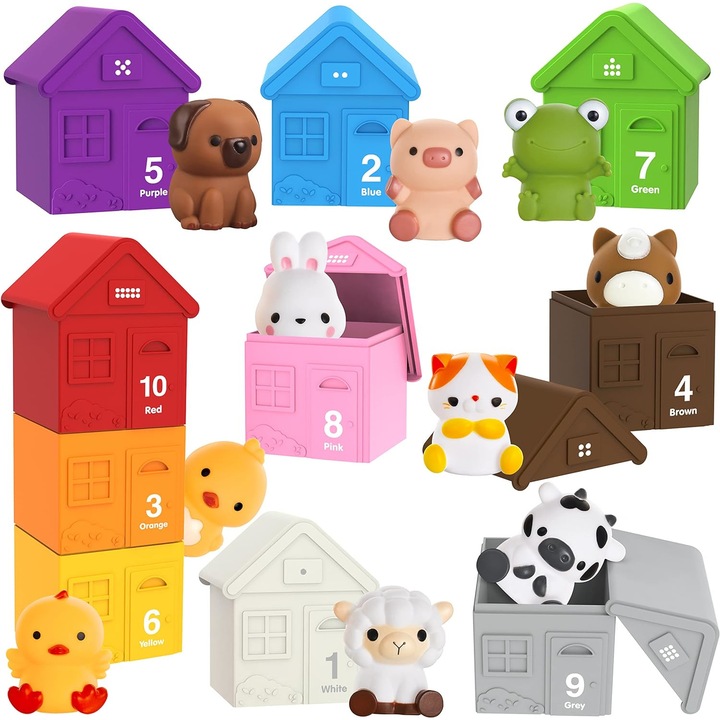 Jucarie Educativa Montessori pentru Copii - Set Interactiv Ferma Animalelor - Contine 20 Piese din Plastic si Silicon - Activitate Distractiva de Sortare si Stivuire