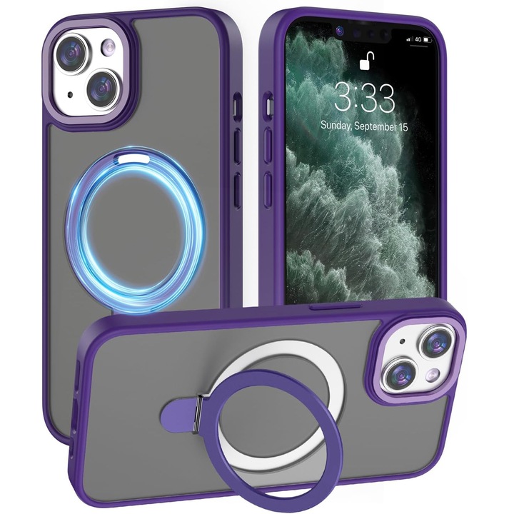 Tok iPhone 15 Plus Premium Magsafe gyűrűhöz, markolatgyűrű, vezeték nélküli töltés, kameravédelem, ütésálló, füst lila szélekkel