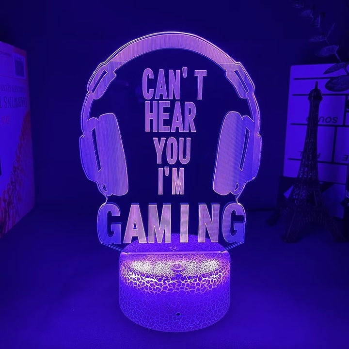 Lampa de birou Z ZYNERA™, model can't hear you i'm gaming, forma de holograma, 3D, 16 culori RGB, 5V, touch control, cu telecomanda, 4 moduri de iluminare dinamica, baza crapata