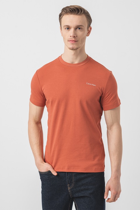 CALVIN KLEIN, Памучна тениска с овално деколте, Бледочервен