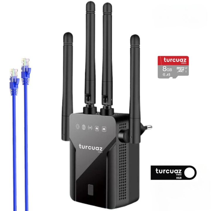 Amplificator Semnal WiFi TURCUAZ VIBES®️, Extender Retea WiFi, 4 Antene, 2 LAN Slots, Transfer 300 Mbps, 2.4 MHz, Cablu de Retea 0.5m, SD Card 8GB si USB stick 8GB incluse