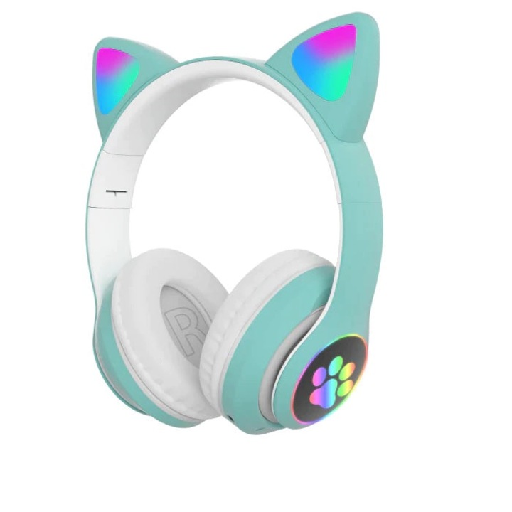 Безжични слушалки за деца, Котешки уши, RGB LED светлини, Микрофон, Bluetooth 5.0, Сгъваеми, SD слот, Намаляване на шума, 400mAh батерия, Тюркоаз