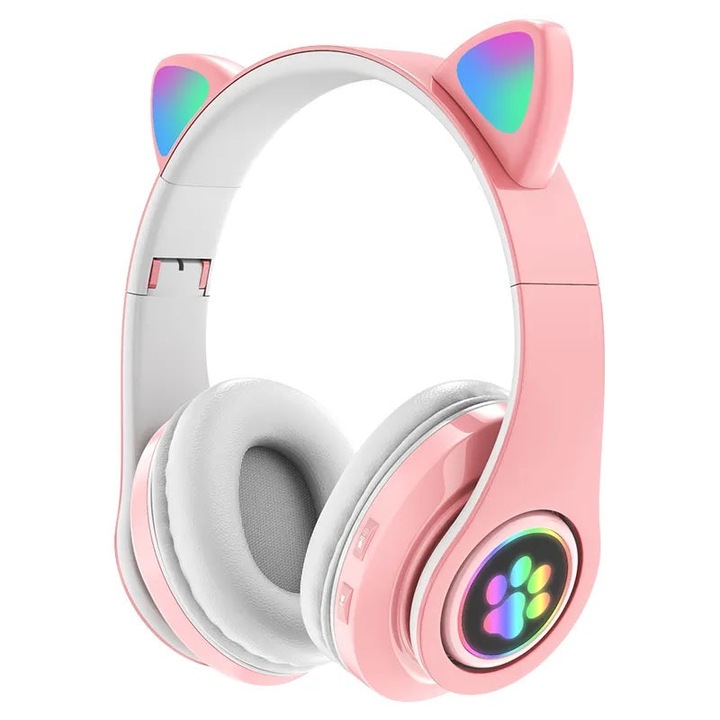 Безжични слушалки за деца, котешки уши, RGB LED светлини, микрофон, Bluetooth 5.0, сгъваеми, SD слот, намаляване на шума, 400mAh батерия, розови