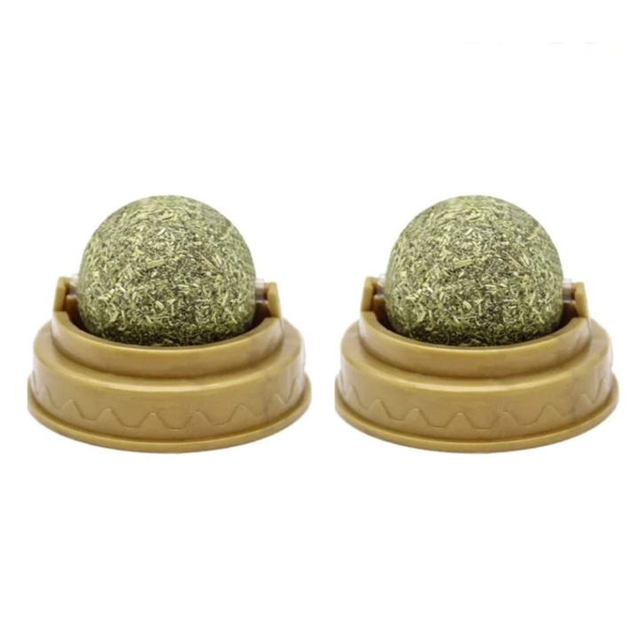 Set 2bucati Jucarie Pisici - Catnip Sfera din Iarba matei, spate adeziv, Auriu