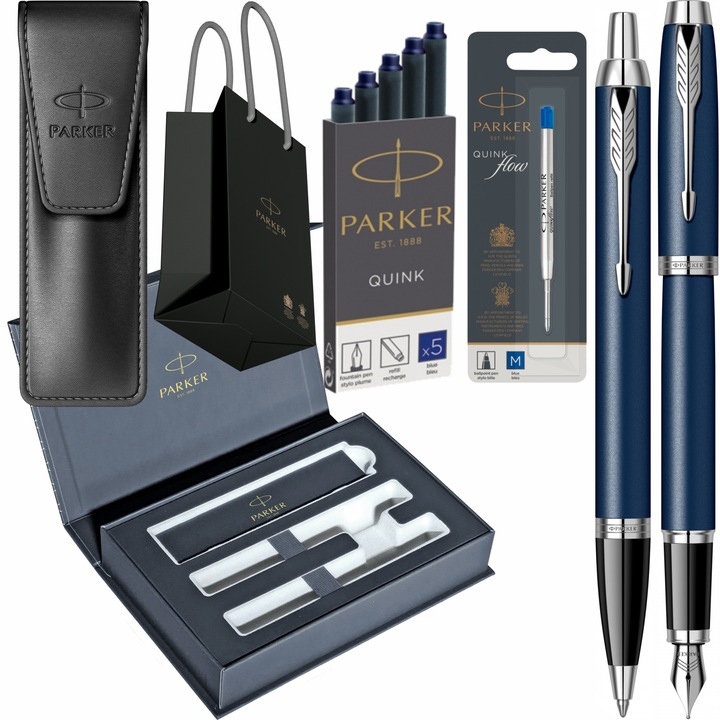Set Parker Stilou si Pix IM Royal Matte Blue CT, cu gravura, cartuse lungi Parker Quink 5 buc, rezerva pix Jumbo Quink Flow albastru, etui Leather Black, cutie duo Royal Collection si punga