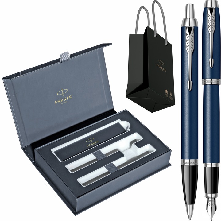 Set Parker Stilou si Pix IM Royal Matte Blue CT cu gravura, cutie duo Royal Collection si punga