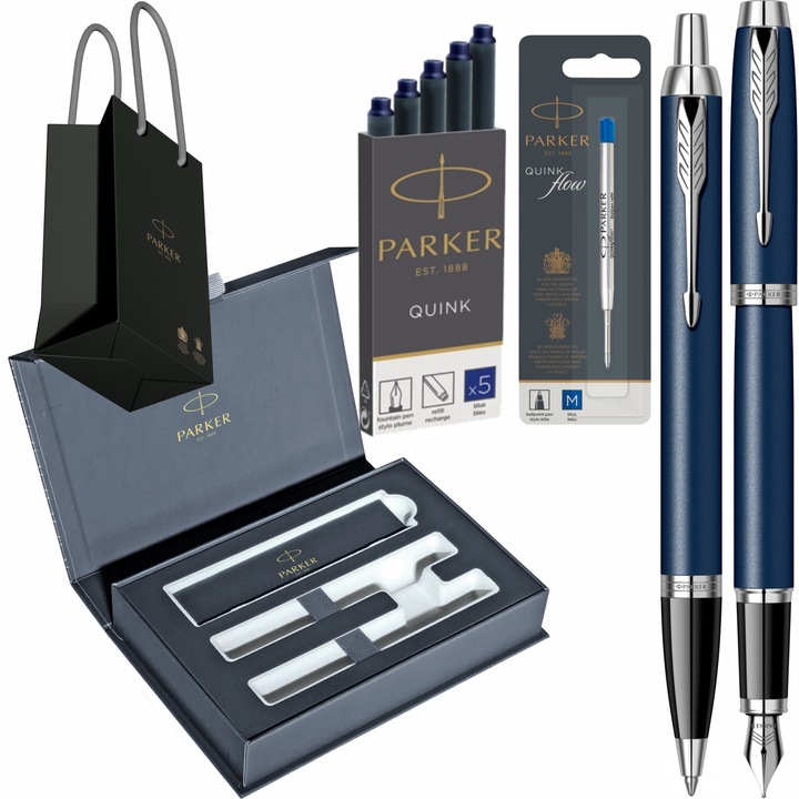 Set Parker Stilou si Pix IM Royal Matte Blue CT, cu gravura, cartuse lungi Parker Quink 5 buc, rezerva pix Jumbo Quink Flow albastru, cutie duo Royal Collection si punga