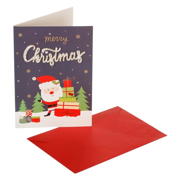 Картичка с плик Shopiens® Дядо Коледа с подаръци "Коледа" с Strass, 13 x 19 cm