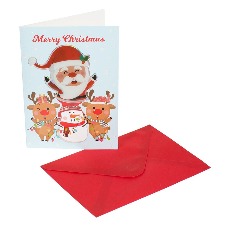 Картичка с плик Shopiens® за Коледа, с релефен модел Дядо Коледа Елен и Снежен човек, 12 x 17 cm