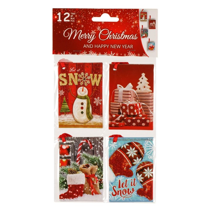 Комплект от 12 коледни картички Shopiens с 4 модела, 5,5 x 8 см