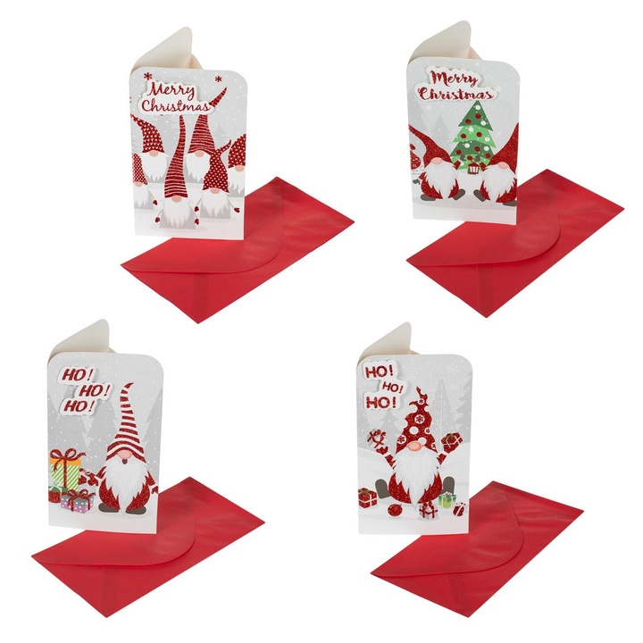 Комплект от 4 коледни плика Shopiens® с 4 различни 3D шарки на гномчета, 9 x 16 cm