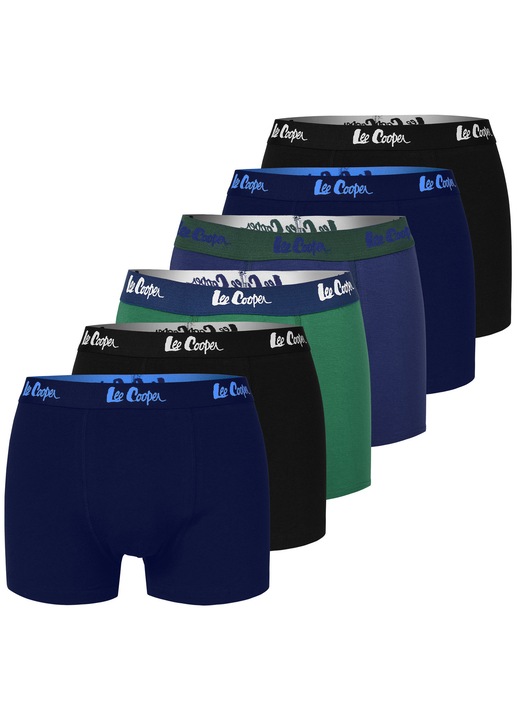 Set 6 Boxeri barbati, Lee Cooper, Banda elastica cu logo, Clasici, Bumbac, Multicolor, Verde/Negru/BLUE