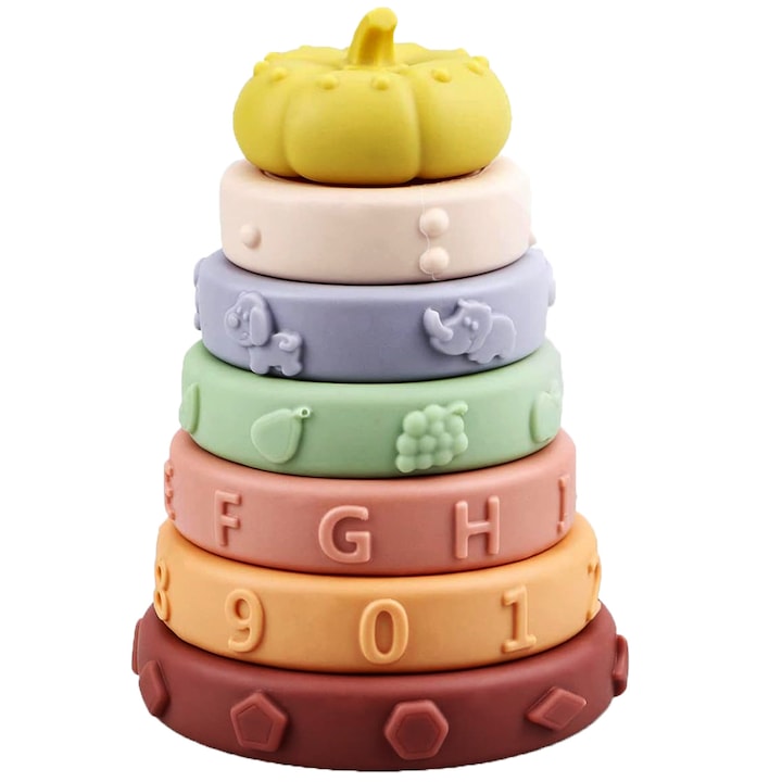 Jucarie Educativa si Interactiva pentru Copii - Turn Multicolor de Stivuire si Sortare Montessori din Silicon - Contine 7 Inele cu Elemente Senzoriale Potrivite pentru Dentitie Bebelusi