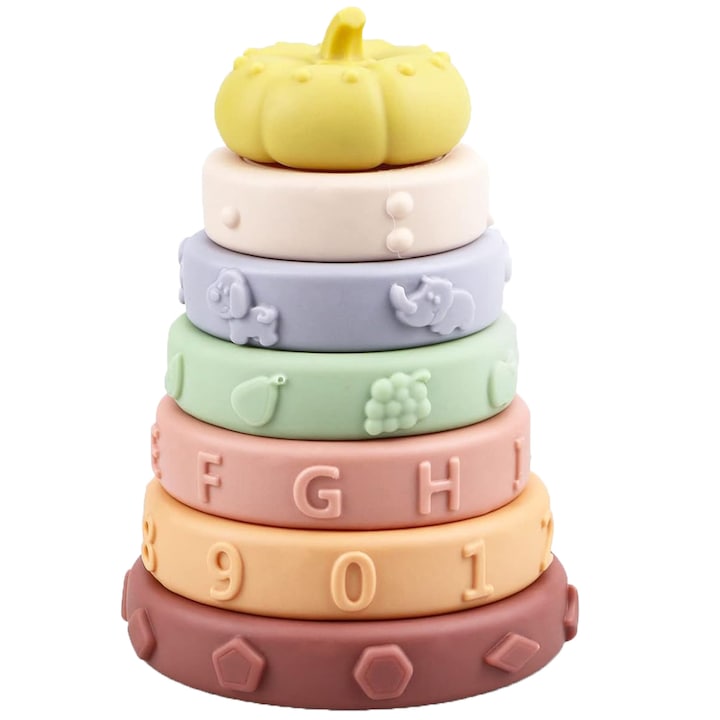 Образователна и интерактивна играчка за деца - Многоцветна Монтесори Кула за подреждане и сортиране от силикон - Съдържа 7 пръстена със сензорни елементи, подходящи за бебешки зъби