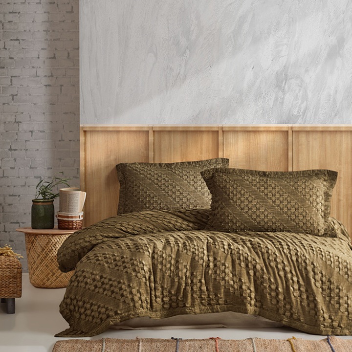 Cuvertura pentru 2 persoane, Saheser, Enza, Kaki, 220x240 cm, Bumbac 100%