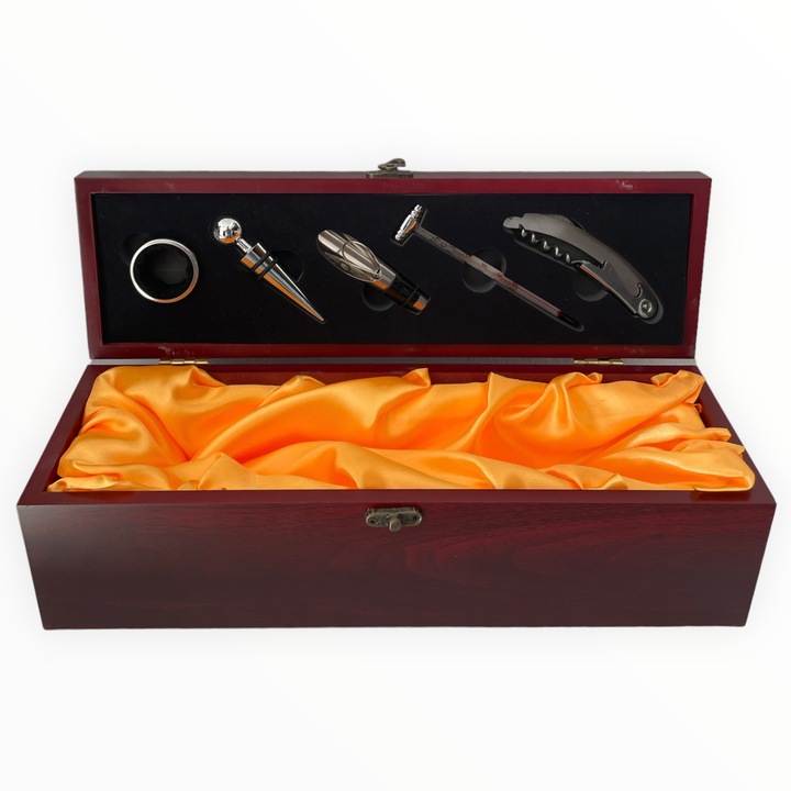 Cutie vin din lemn cu 5 accesorii, model portocaliu, 36x11x11cm