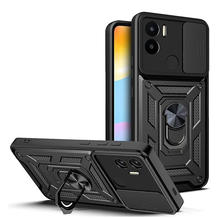 Xiaomi Redmi A1+ Premium Hybrid Armor Kickstand tok, kameracsúszka, ütésálló, felső védelem, fekete
