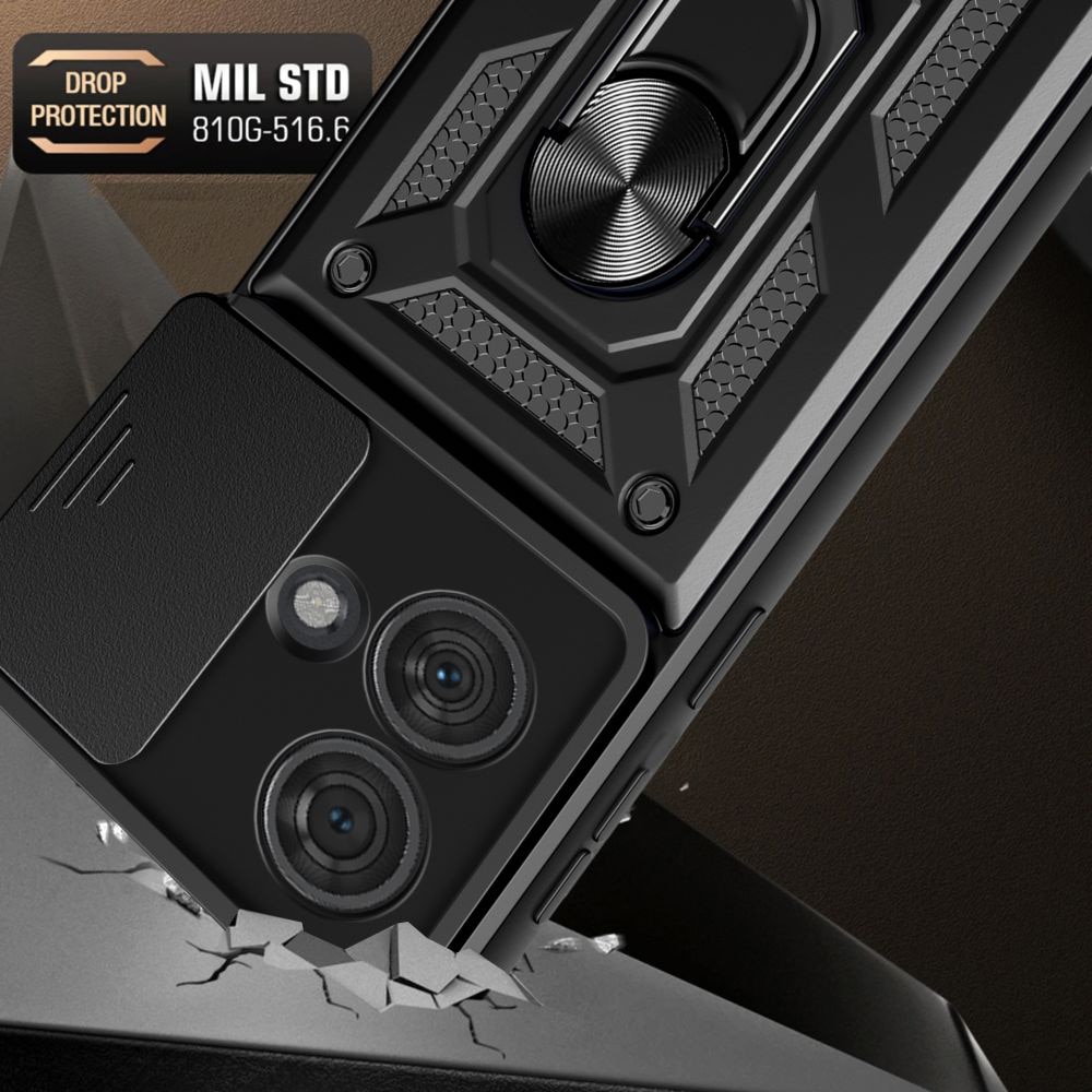 Husa pentru Motorola Edge 40 Neo Premium Hybrid Armor Kickstand, Slider Camera, Antisoc, Protectie Superioara, Negru