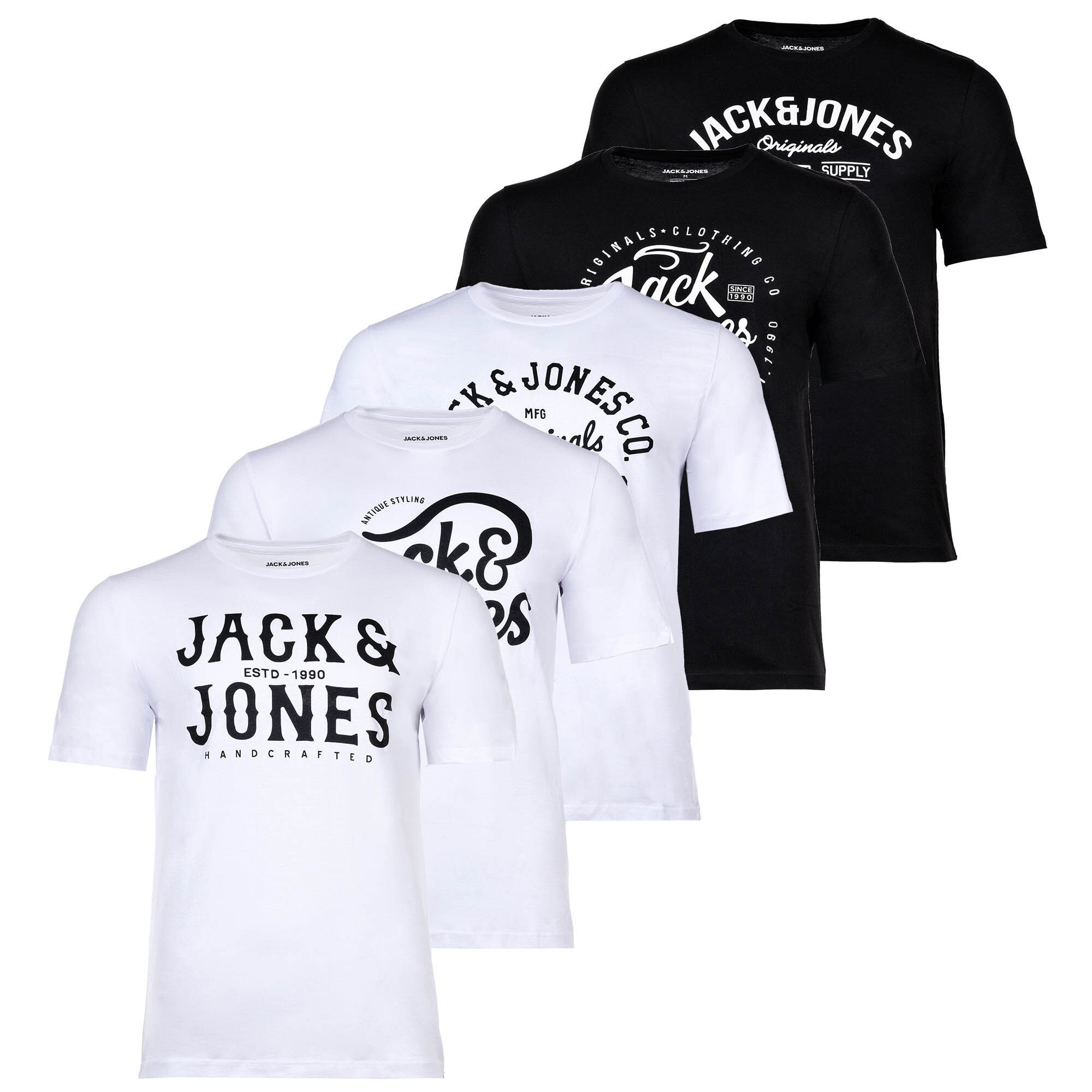 Jack & Jones, Set de tricouri cu imprimeu logo Leogra - 5 piese, Alb, Negru, L