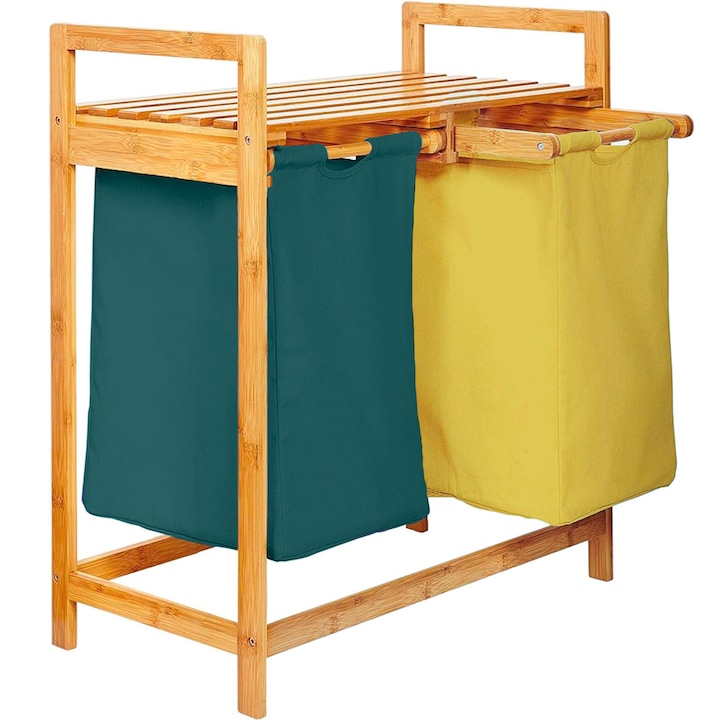 Кош за пране Quasar & Co., с 2 отделения, бамбук рамка, 64 x 33 x 73 cm, Жълт-Зелен