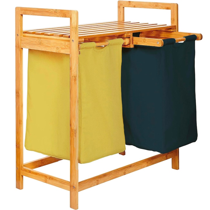 Кош за пране Quasar & Co., с 2 отделения, бамбук рамка, 64 x 33 x 73 cm, Жълт-Черен