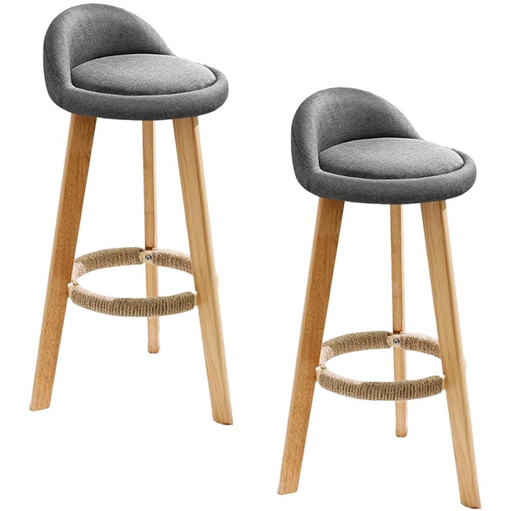 Set 2 scaune bar, Quasar & Co.®, tapitat, 37 x 37 x 80 cm, lemn/textil/burete, gri