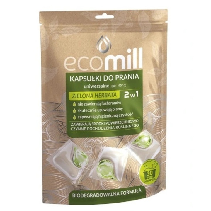 EcoMill 2in1 mosókapszula, Univerzális, Zöld tea, 30 kapszula