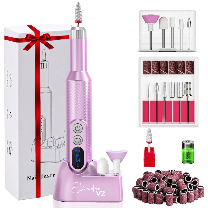 Freza Unghii Electrica Elindor® Wireless, Portabila, Pila Electrica Profesionala Reincarcabila, Set Complet de Ingrijire Manichiura si Pedichiura, Cuticule sau Calcaie, 18000 RPM, 12 Capete Detasabile, 30 Benzi Abrazive, Design Ergonomic, Mov