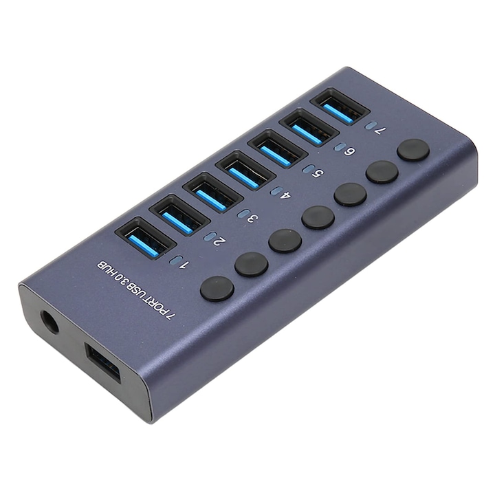 7-портов USB 3.0 сплитер, индивидуален превключвател, 5V 2.4A изходен хъб с LED индикатор Plug and Play за компютър