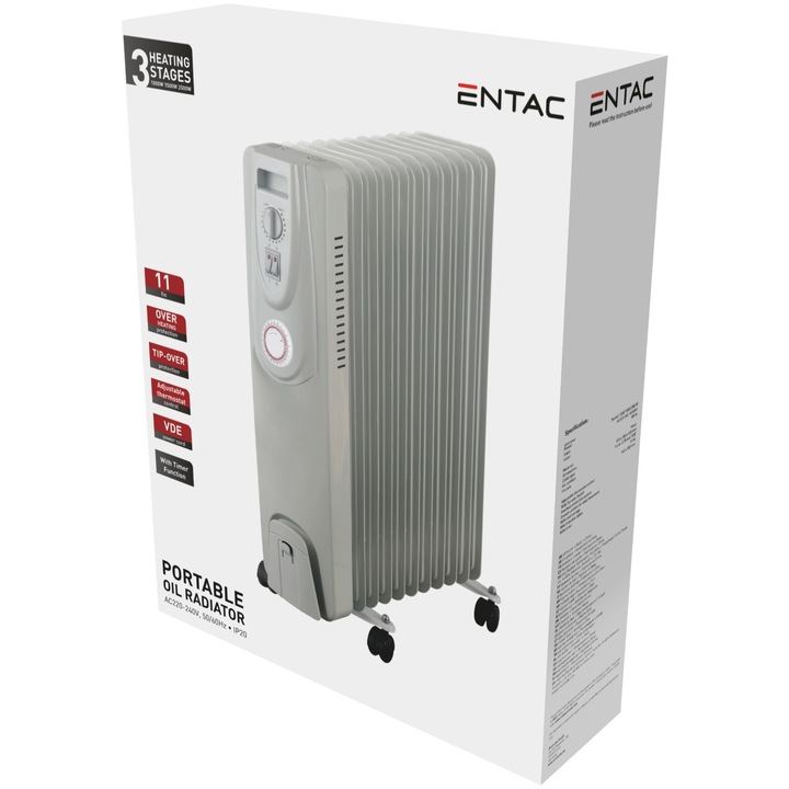 Radiator electric, Entac, Oil cu 11 membri 2500W, Timer, Alb