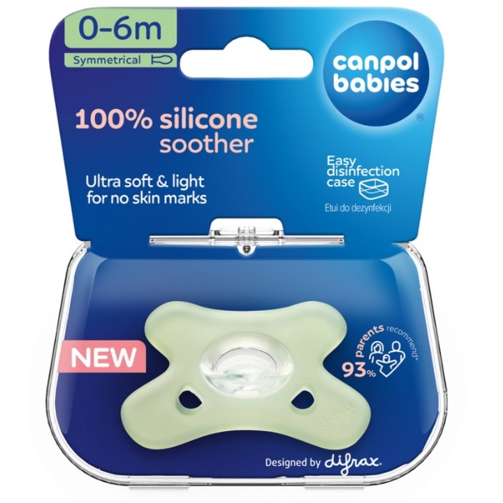 Мека залъгалка със симетрична форма, Canpol Babies, Силикон, 0-6 месеца, Зелена